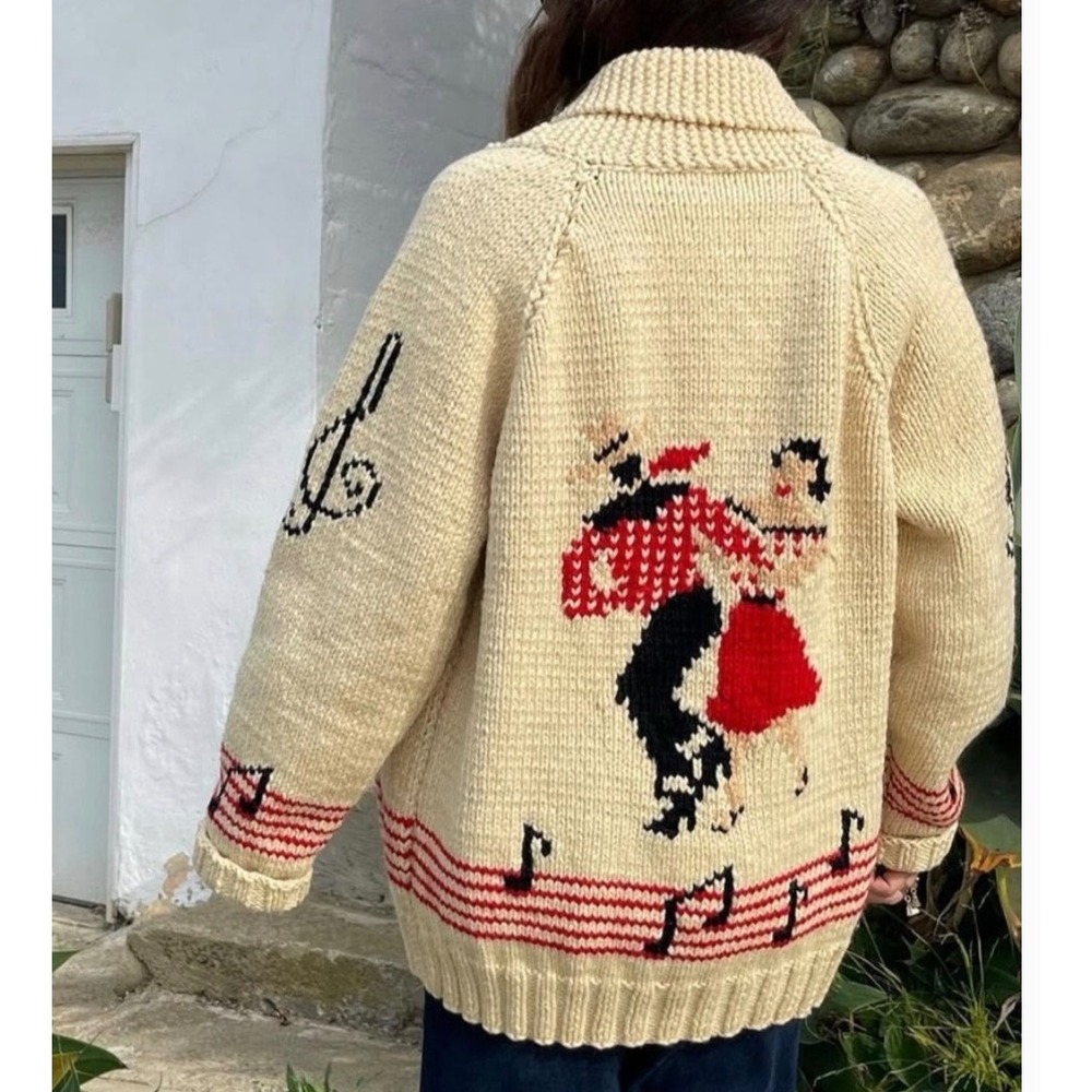 Vintage Cowichan Cardigan Sweater 50s 60s Music Notes Dancing Couple Cream Red L